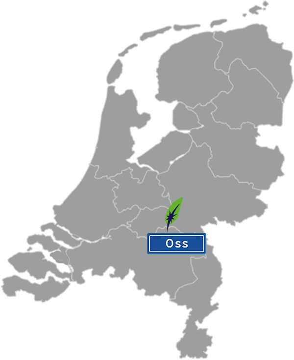 Grijze kaart van Nederland met Oss aangegeven voor maatwerk taalcursus Engels zakelijk - blauw plaatsnaambord met witte letters en Dagnall veer - transparante achtergrond - 600 * 733 pixels